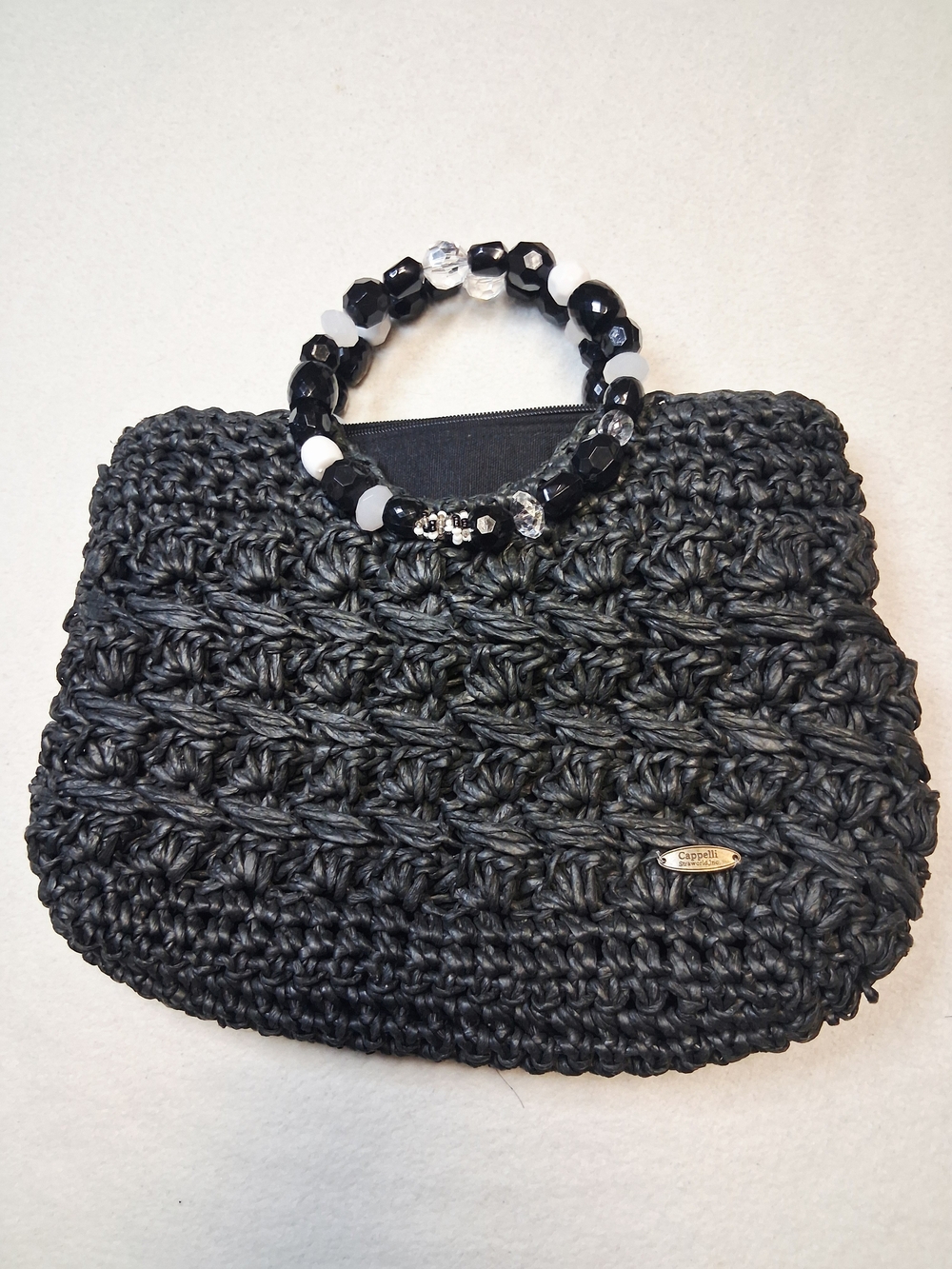 Capelli of New York Black Crochet Beaded Handle Tote